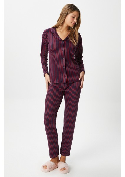 Kadın Secret Extra Soft Lacivert Bordo Çizgili Pijama Takımı
