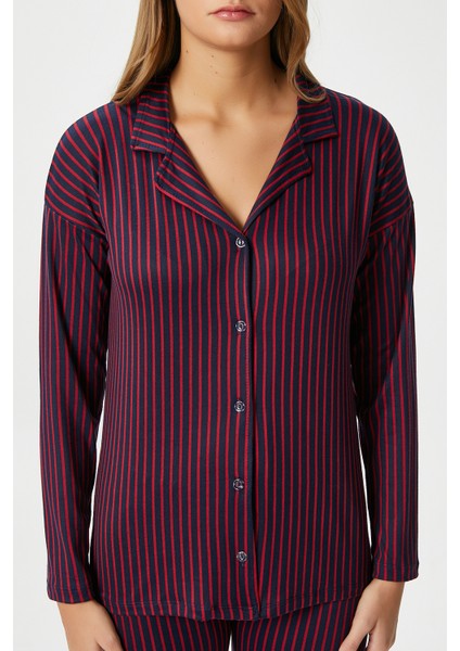 Kadın Secret Extra Soft Lacivert Bordo Çizgili Pijama Takımı