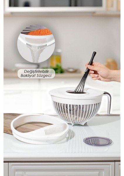 3'ü Bir Arada Kapaklı Mikser ve Süzgeçli Saklama Kabı, Beyaz