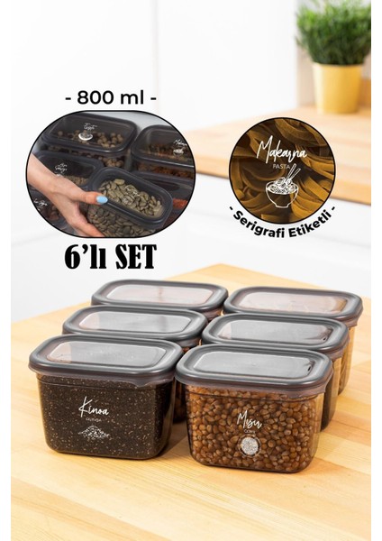 6'lı Saklama Kabı Seti, 800 Ml, Dikdörtgen, Serigrafi Etiketli, Antrasit