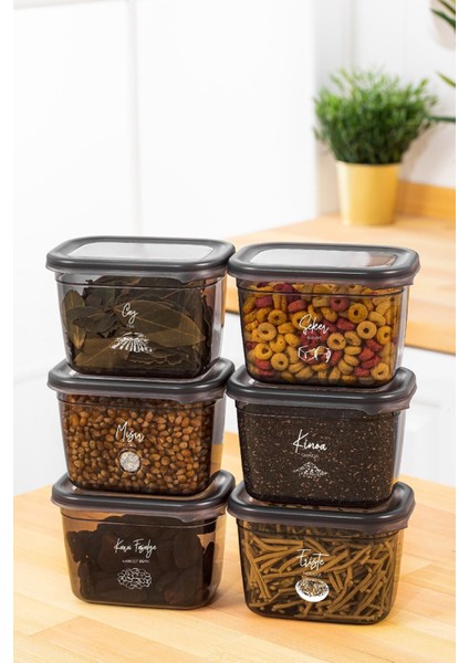 6'lı Saklama Kabı Seti, 800 Ml, Dikdörtgen, Serigrafi Etiketli, Antrasit modelleri