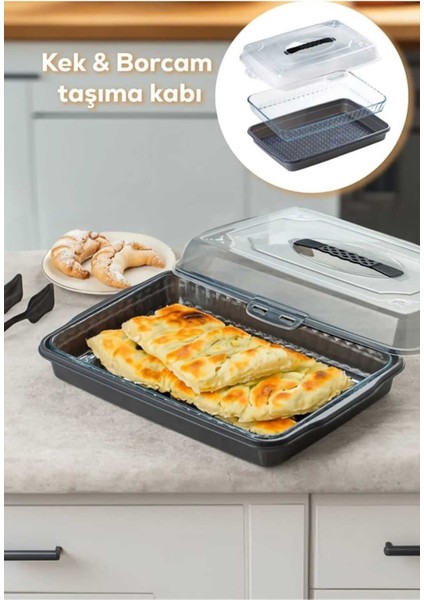 Gri Kilitli Kapaklı Saklama Kabı, Kek ve Börek Için Güvenli Taşıma Fanusu