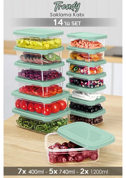 14'lü Dikdörtgen Saklama Kabı Seti, Mikrodalga Uyumlu, Pratik ve Şık Organizatör