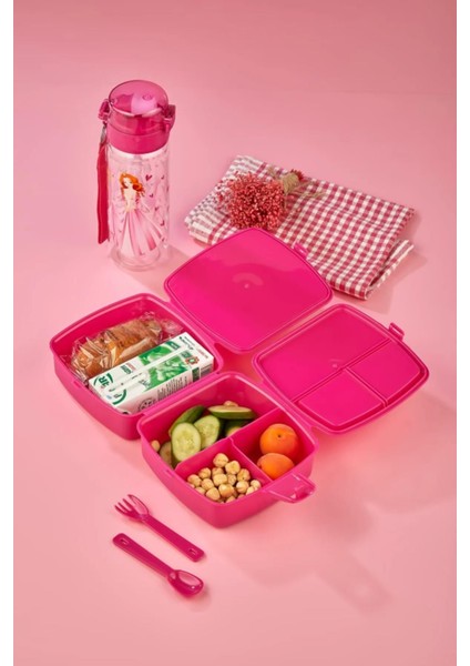 Pembe 4 Bölmeli 2 Katlı Kare Beslenme Kutusu ve 500 cc Pipetli Matara fiyatları