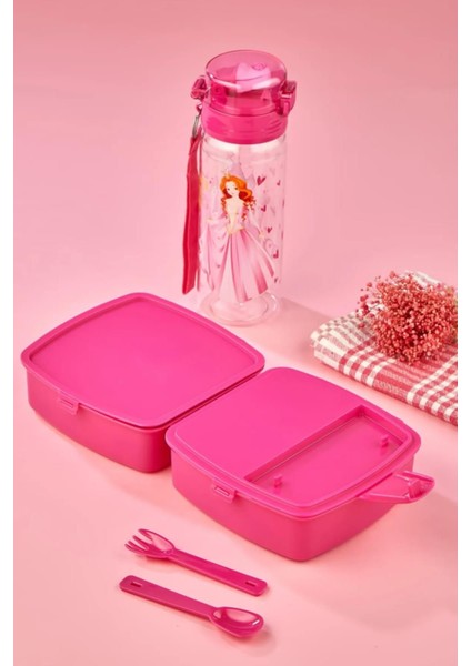 Pembe 4 Bölmeli 2 Katlı Kare Beslenme Kutusu ve 500 cc Pipetli Matara modelleri