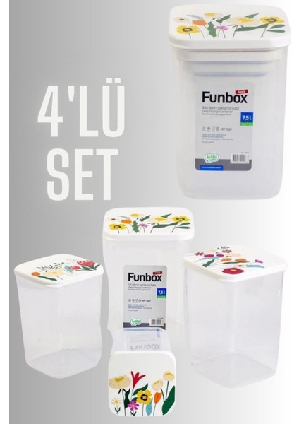 4'lü Uzun Hobby Life Funbox Saklama Kabı Seti, Kahve Desenli, 0,9+1,4+2,1+3,1 Lt