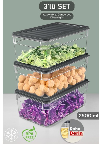 3'lü Derin Mikrodalga Uyumlu Saklama Kabı Seti, 2500ML, Antrasit