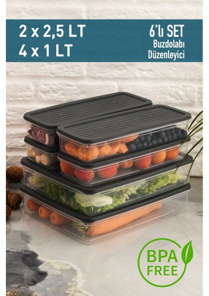 6 Adet Antrasit Kapaklı Saklama Kabı, Buzdolabı ve Mikrodalga Uyumlu, 9lt