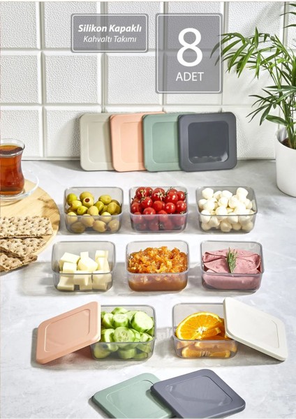 8'li Renkli Kare Saklama Kabı Seti, Silikon Kapaklı, Sızdırmaz, Gıda ve Piknik Için