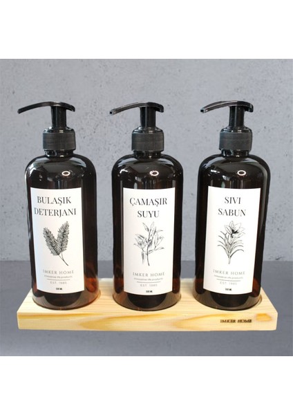 3 Gözlü Ahşap Stantlı Amber Sıvı Sabunluk Seti, Şık ve Kullanışlı Tasarım
