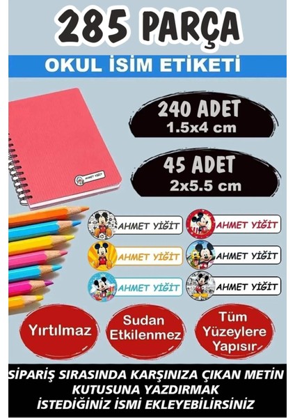 Okul Etiketi Kalem Defter Etiketi Özel Isimli Etiket Mickey Mouse 6 Figür 285 Parça