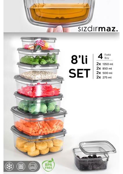 8'li Kare Sızdırmaz Saklama Kabı Seti, Çok Amaçlı ve Şık, Farklı Boyutlarda