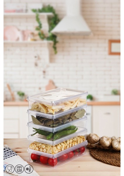 2litre 5'li Saklama Kabı Seti, Kendinden Kapaklı, Hava Almayan, 24X14X6 cm