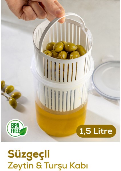 Gri Süzgeçli Saklama Kabı, Zeytinlik ve Turşuluk, 1,5 Litre Kapasite