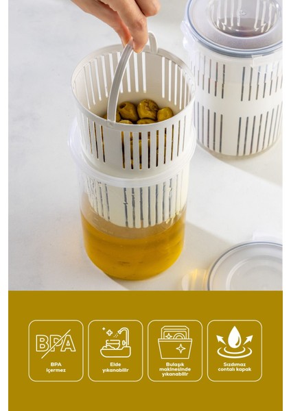 Gri Süzgeçli Saklama Kabı, Zeytinlik ve Turşuluk, 1,5 Litre Kapasite modelleri