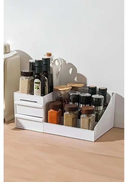 Beyaz Çekmeceli Mutfak Düzenleyici Tezgah Üstü Baharat Standı