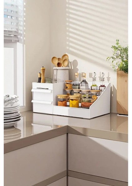 Beyaz Çekmeceli Mutfak Düzenleyici Tezgah Üstü Baharat Standı fiyatları