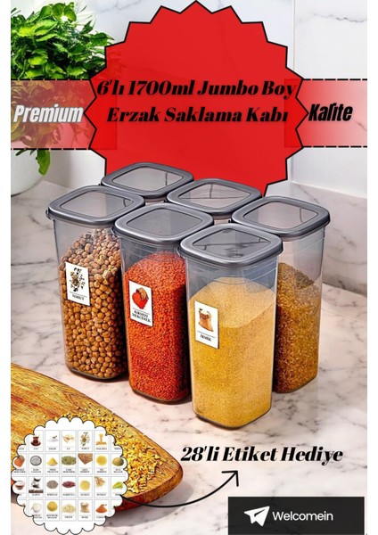 6'lı Büyük Kapaklı Saklama Kabı 1700ML Sızdırmaz ve Etiketli Siyah Set