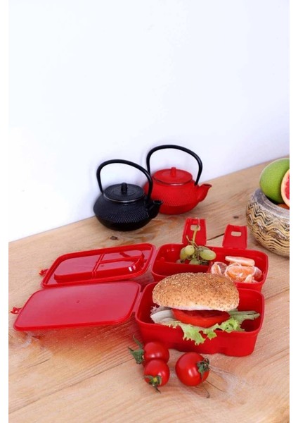 Kırmızı Araba Desenli 4 Bölmeli Çocuk Beslenme Kutusu ve Saklama Seti modelleri