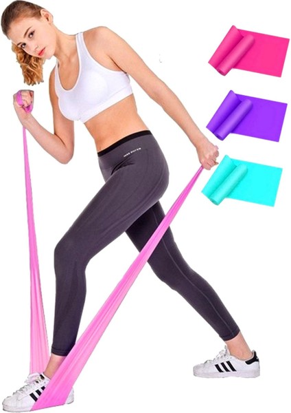Pembe 3'lü Pilates Bandı, 120X7,5 Cm, Esneklik ve Güç Artırıcı Egzersiz Seti