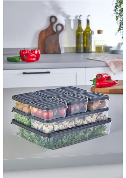 9 Parça Gri Piknik ve Kahvaltı Taze Gıda Saklama Kabı Seti