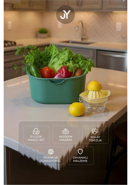 Renkli 5'li Mutfak Hazırlık Seti: Karıştırma, Süzgeç, Limon Sıkacağı, Kesme Tahtası