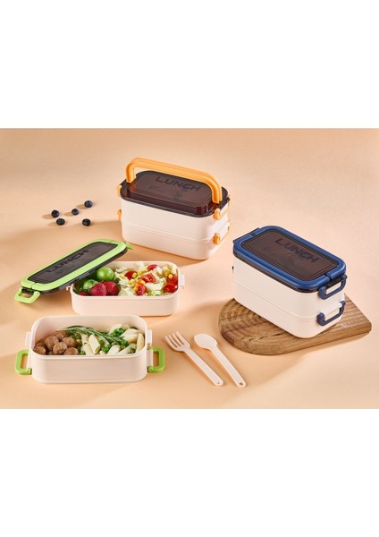 Lacivert 2 Katlı Taşınabilir Yemek Kutusu, 1800ML, Çatal Kaşıklı, Saklama ve Sefer Için Ideal