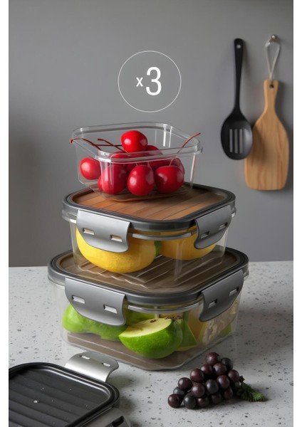 3’lü Vakumlu Saklama Kabı Seti, 400ML, 800ML ve 1400ML, Gri