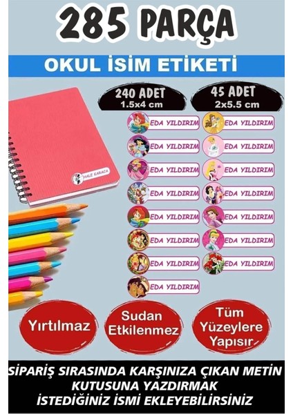 Okul Etiketi Kalem Defter Etiketi Özel Isimli Prensesler 15 Figür 285 Adet