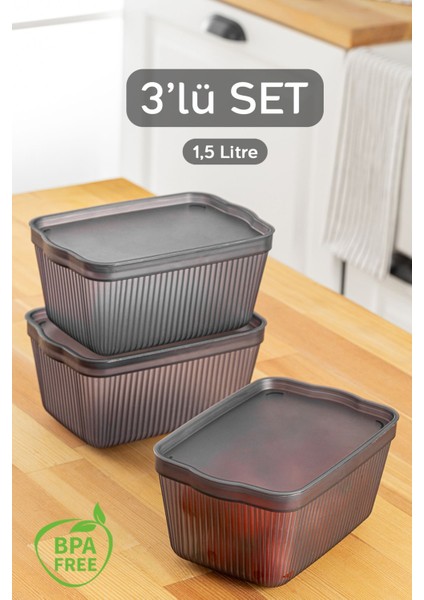 3'lü Kapaklı Mutfak Buzdolabı Saklama Kabı, 1,5 Lt, Füme, Çok Amaçlı Düzenleyici