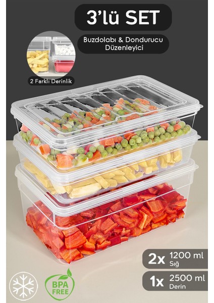 3'lü Şeffaf Mikrodalga Uyumlu Derin ve Sığ Saklama Kabı Seti