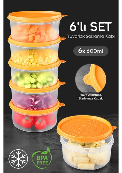 6'lı Turuncu Yuvarlak Saklama Kabı Seti, 6X600ML Organizer ve Düzenleyici