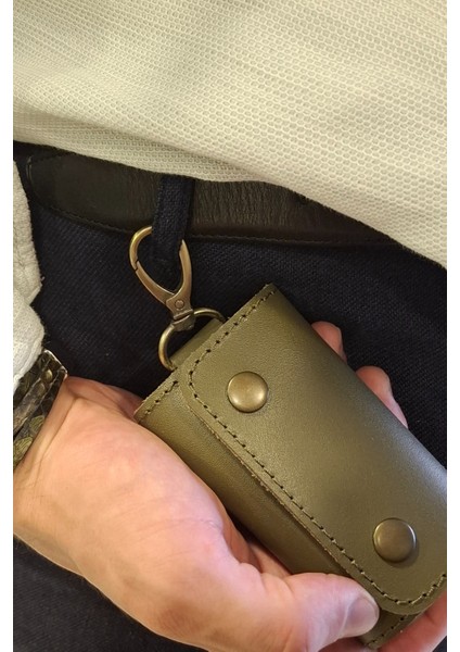 Deri Anahtarlık Kişiselleştirilebilir Haki Yeşil Hakiki Deri 6 Çengelli Askı Kancalı Anahtarlık