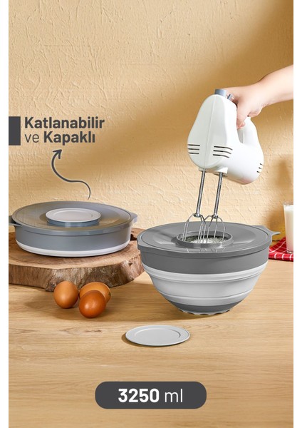 Katlanabilir Akordiyon Mikser Kabı 3250 Ml, Kapaklı, Gri