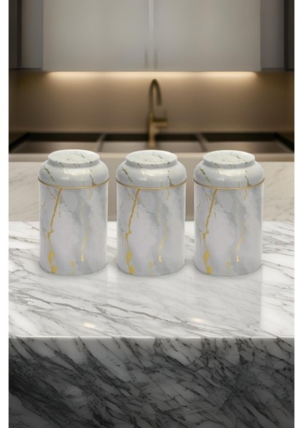 Etkileyici Silindir Saklama Kabı Seti, 3'lü, Ø105, Marble White