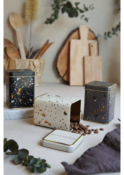 Kare Metal Saklama Kabı Seti, 87X87X125, 3'lü, Terrazo Desenli, Kahverengi