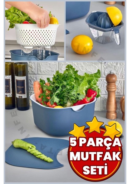 5 Parça Çok Amaçlı Süzgeçli, Limon Sıkacaklı, Kesme Tahtalı, Karıştırma Kabı Mutfak Seti