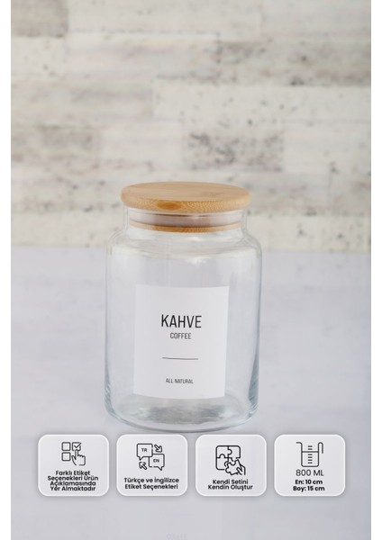 Cam Saklama Kabı, Bambu Kapak, 800 Ml, 10X15 Cm, Farklı Etiket Seçenekleri