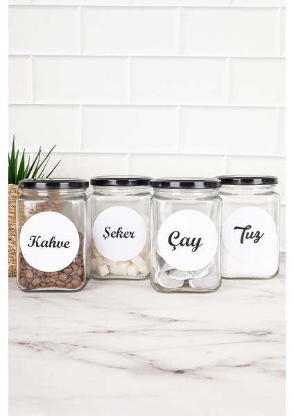 4'lü Kare Cam Kavanoz, Siyah Metal Kapak ve Etiketli, 720 Ml, Turuncu Detaylı