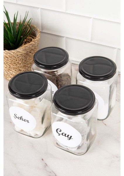4'lü Kare Cam Kavanoz, Siyah Metal Kapak ve Etiketli, 720 Ml, Turuncu Detaylı fiyatları