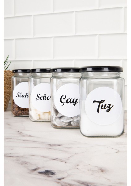 4'lü Kare Cam Kavanoz, Siyah Metal Kapak ve Etiketli, 720 Ml, Turuncu Detaylı modelleri