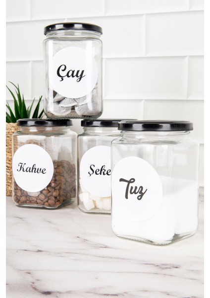 4'lü Kare Cam Kavanoz, Siyah Metal Kapak ve Etiketli, 720 Ml, Turuncu Detaylı fırsatları