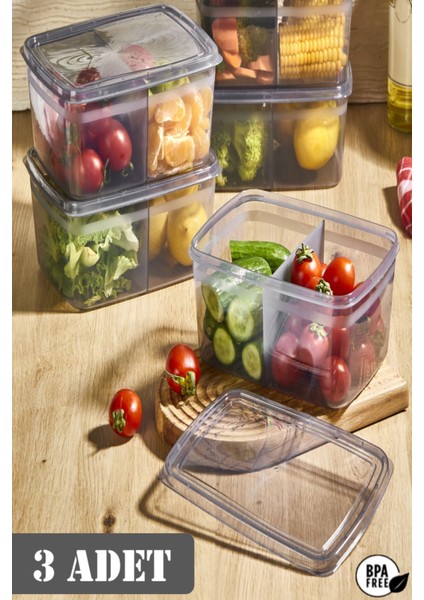 3'lü Füme Duo Buzdolabı Saklama Kabı, 2 Bölmeli, Gri, Çok Amaçlı Kutular