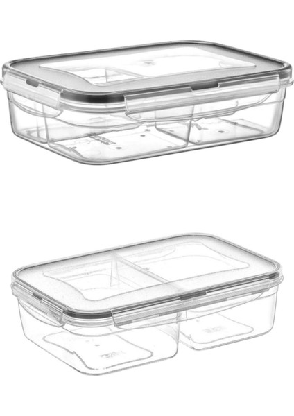 2 Bölmeli 1 Litre Erzak Kabı + 4 Bölmeli Sızdırmaz Kapaklı, Beyaz, Pratik Saklama Seti