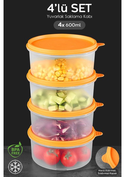 4'lü Yuvarlak Saklama Kabı Seti, 4X600ML, Turuncu, Organizer ve Düzenleyici