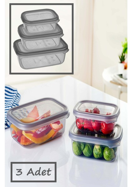 Set 3 Saklama Kabı, 400-1200 Ml, Çok Amaçlı, Gri, Pratik ve Şık Tasarım