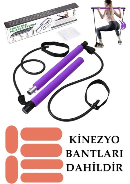 Mor Pilates Bar, Kinezyo Tape, Isıl Bantlı, Kopmaz Lastikli, Egzersiz Çubuğu