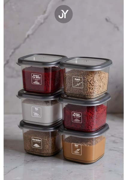 6'lı 550 ml Kare Saklama Kabı Seti, Gri, Etiketli, Gıda ve Baharat Kutusu