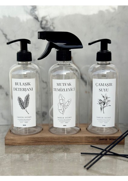3 Göz Ahşap Standlı Şeffaf Plastik Temizlik Şişesi, Mutfak ve Çamaşır Temizliği