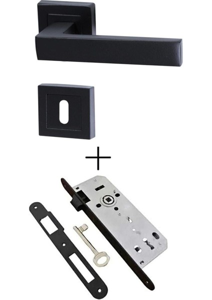 Mat Siyah Kare Kapı Kolu ve 40MM Oda Kilidi Tam Set
